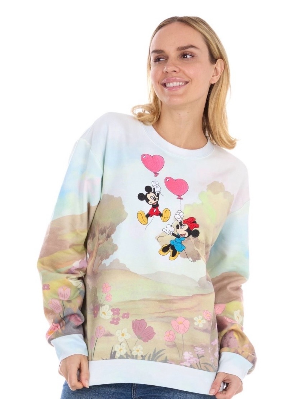 Mickey & Minnie Pastel Embroidered Heart Balloon Sweatshirt - Women
